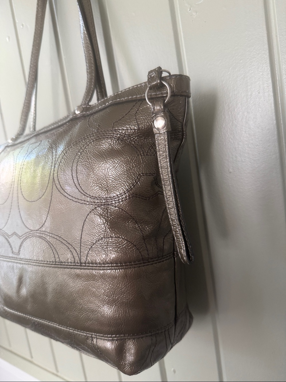 COACH Parker Metallic Leather Tote Olive Bronze Silver Hardware Blue Satin Bag - Picture 9 of 13